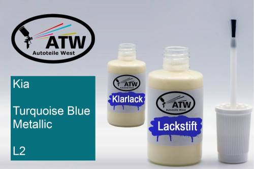 Kia, Turquoise Blue Metallic, L2: 20ml Lackstift + 20ml Klarlack - Set, von ATW Autoteile West.